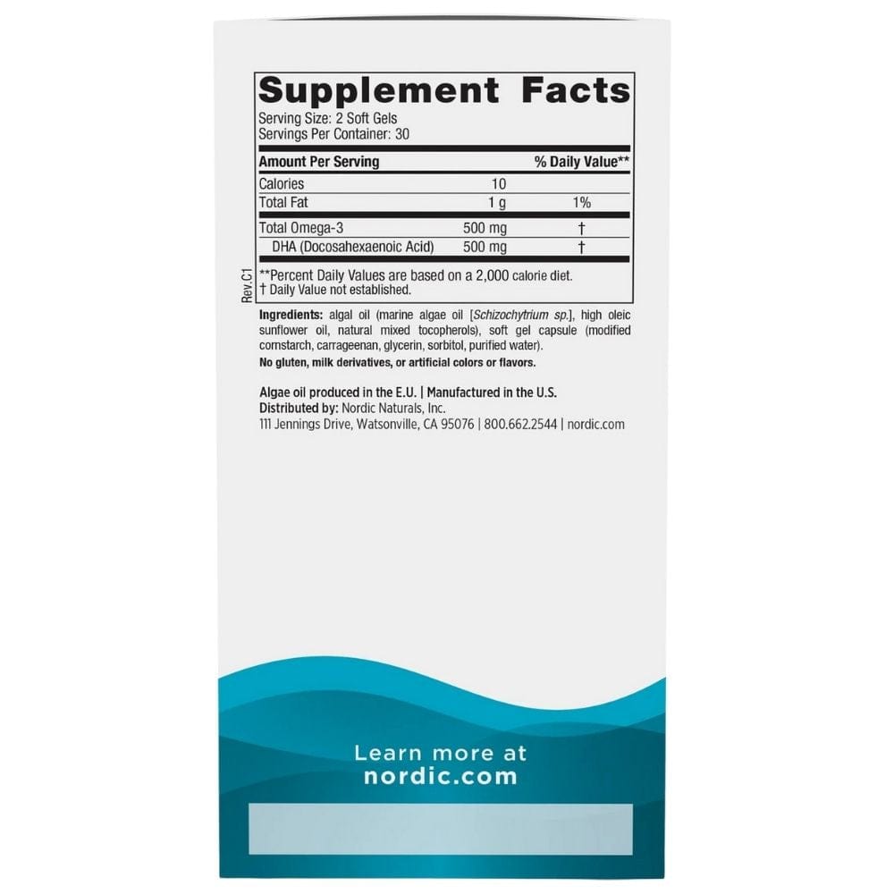 Nordic Naturals Algae DHA (Omega-3 from Algae) 500 mg - 60 Capsules