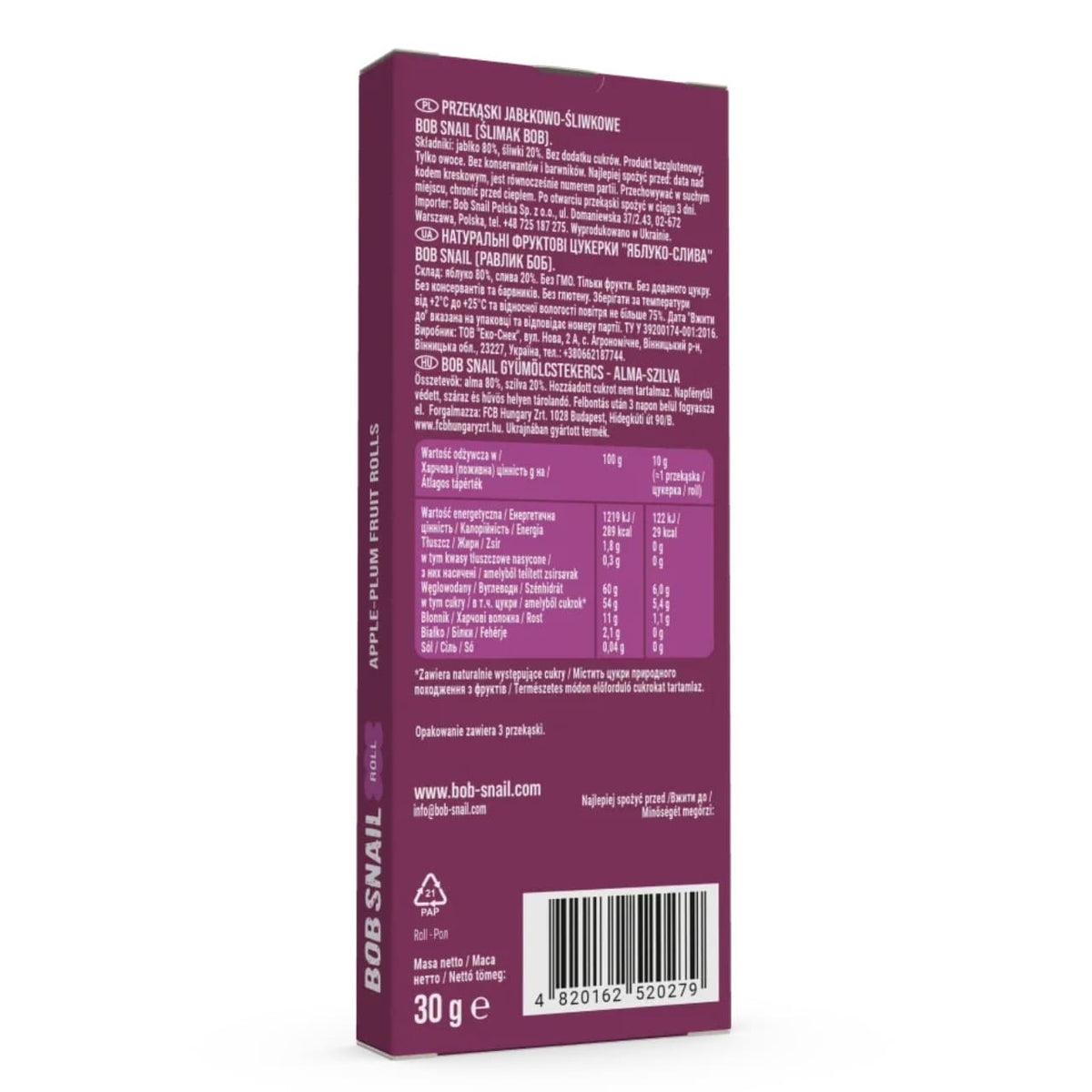 Bob Snail Rollsy Apple & Plum Snack with No Added Sugar - 30 g